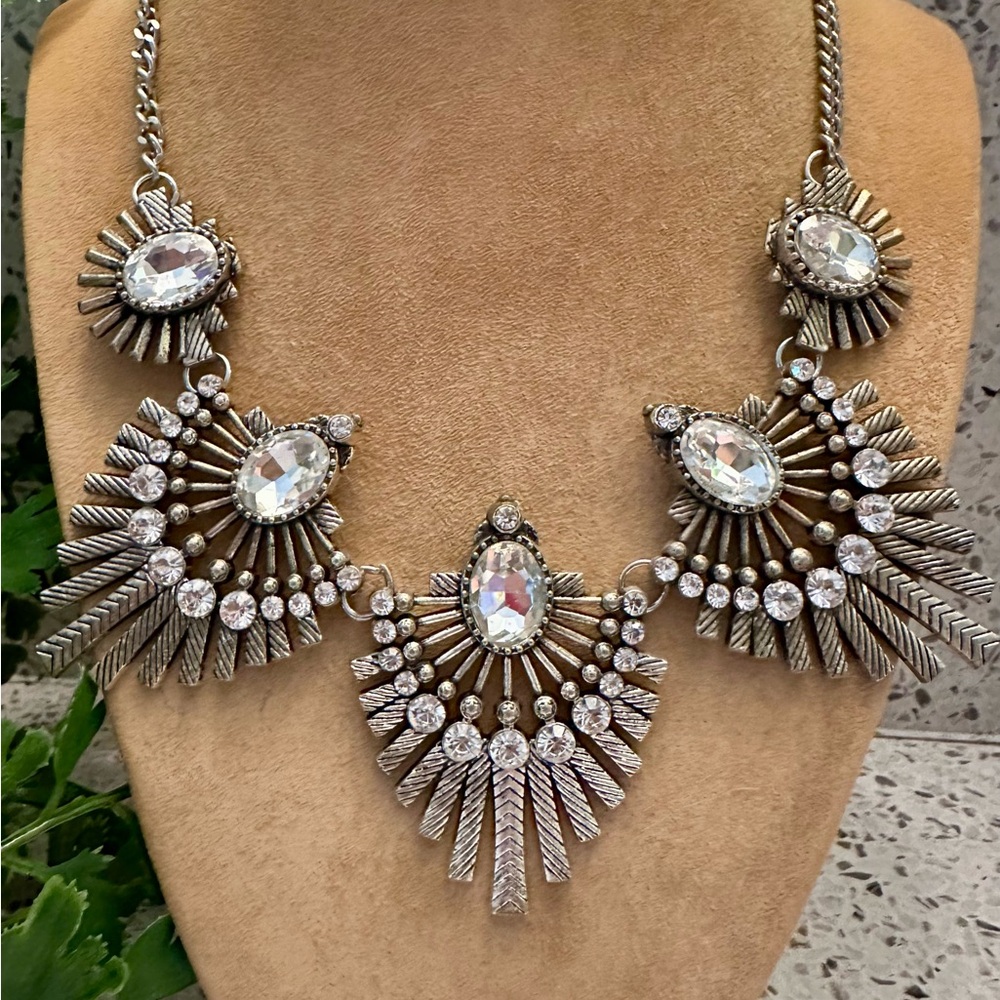 Silver Rhinestone Statement Necklace Set - image 2